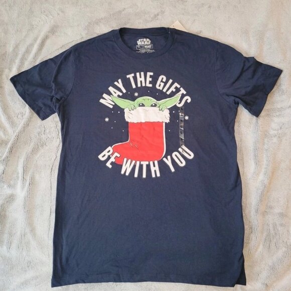 Star Wars Mens Large Yoda May The Gifts Be With You Blue Unisex Christmas TShirt - Picture 1 of 6